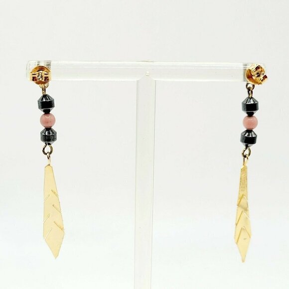 Artisan Native American Style Earrings Gold Tone Hematite Golden Feather 2..25" - Picture 5 of 6